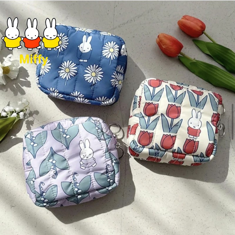 Japanese Lifestyle Goods - かわいいミッフィーメイクアップバッグ和風フラワーラビット漫画プリント正方形ポケット財布女の子用ポータブルバッグ女性用