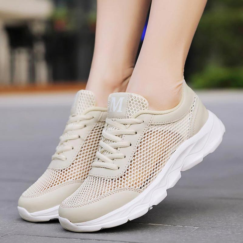Japanese Lifestyle Shop - 女性用通気性メッシュスニーカー,軽量ランニングシューズ,ベージュ,新しい2019,B-332,夏