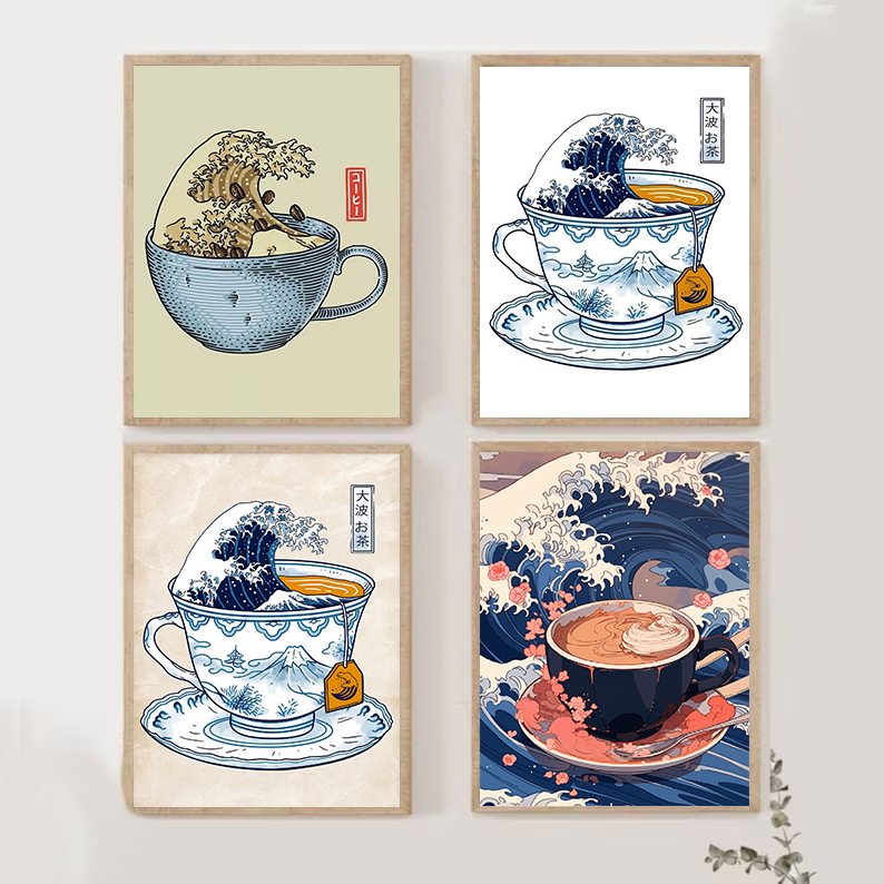 Japanese Lifestyle Shop - コーヒー豆のポスター,和風,レトロ,大波,HDプリントキャンバス絵画,壁の芸術写真,カフェショップ,家の装飾