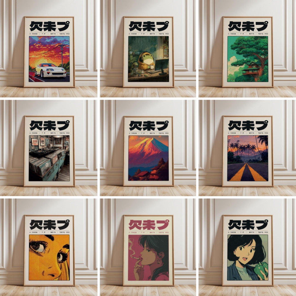 Japanese Culture Lifestyle - レトロ東京ベイプワーブポップカルチャーポスター和風キャンバス印刷 Y2K ポスター & 絵画壁アート家の装飾壁画 Cuadros