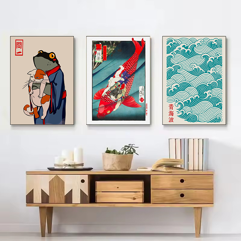 レトロ抽象日本文化黒猫ラーメン鯉魚ポスターキャンバス絵画壁ア - Japanese Culture Lifestyle のレビューと価格